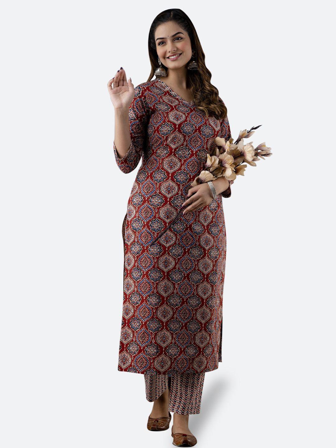 kalini women red ethnic motifs printed kurta with trousers