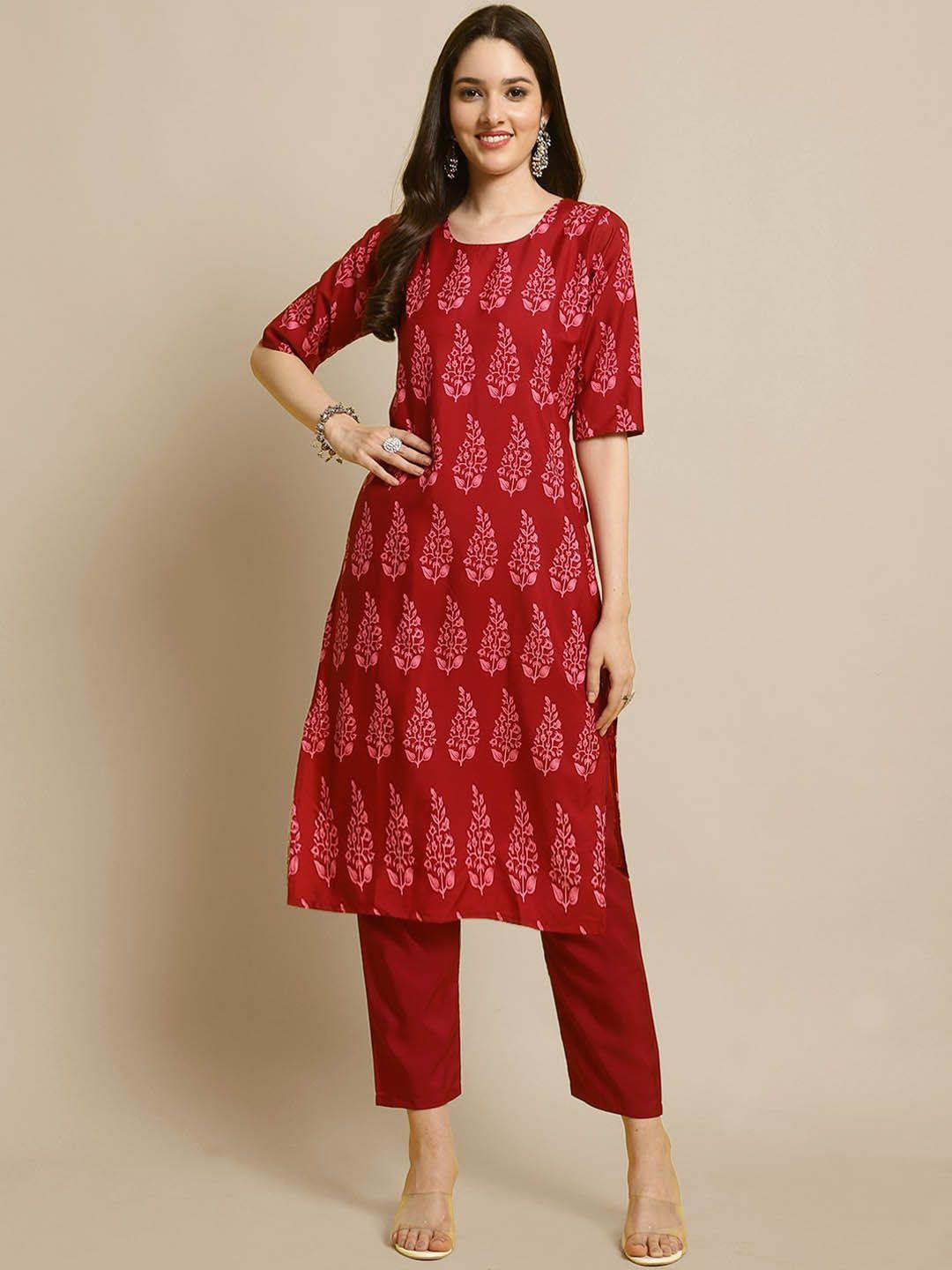 kalini women red ethnic motifs printed regular kurta with trousers