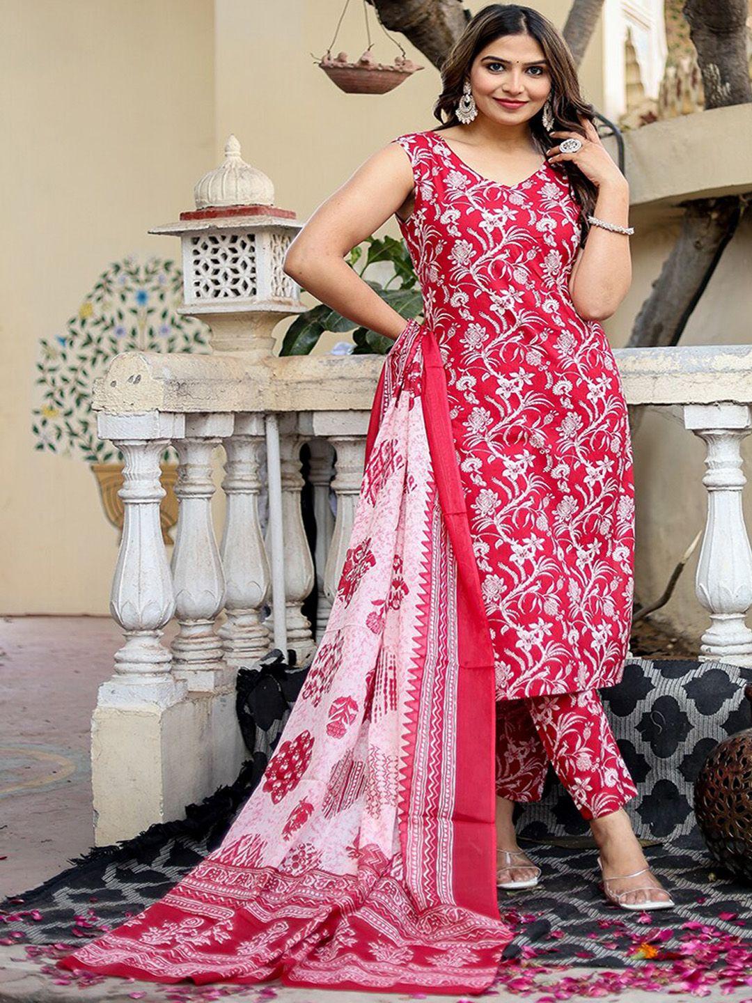 kalini women red ethnic motifs printed regular pure cotton kurta with trousers & with dupatta