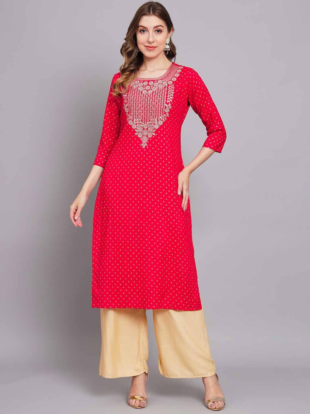 kalini women red ethnic motifs printed thread work kurta