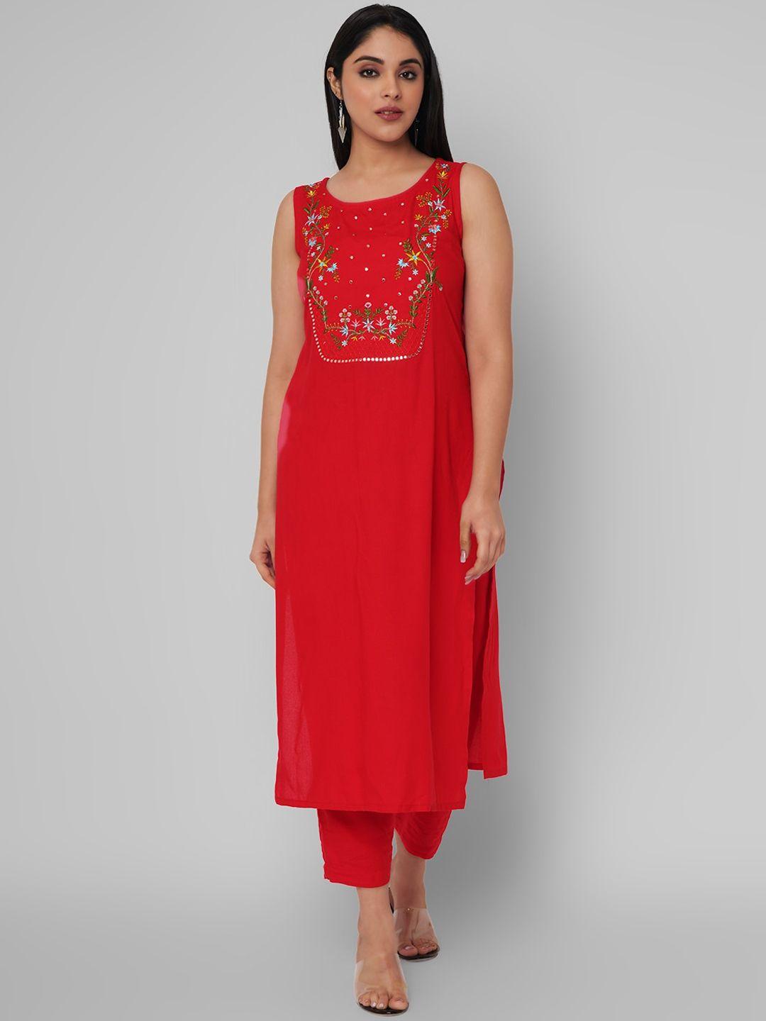 kalini women red floral embroidered mirror work kurta with trousers