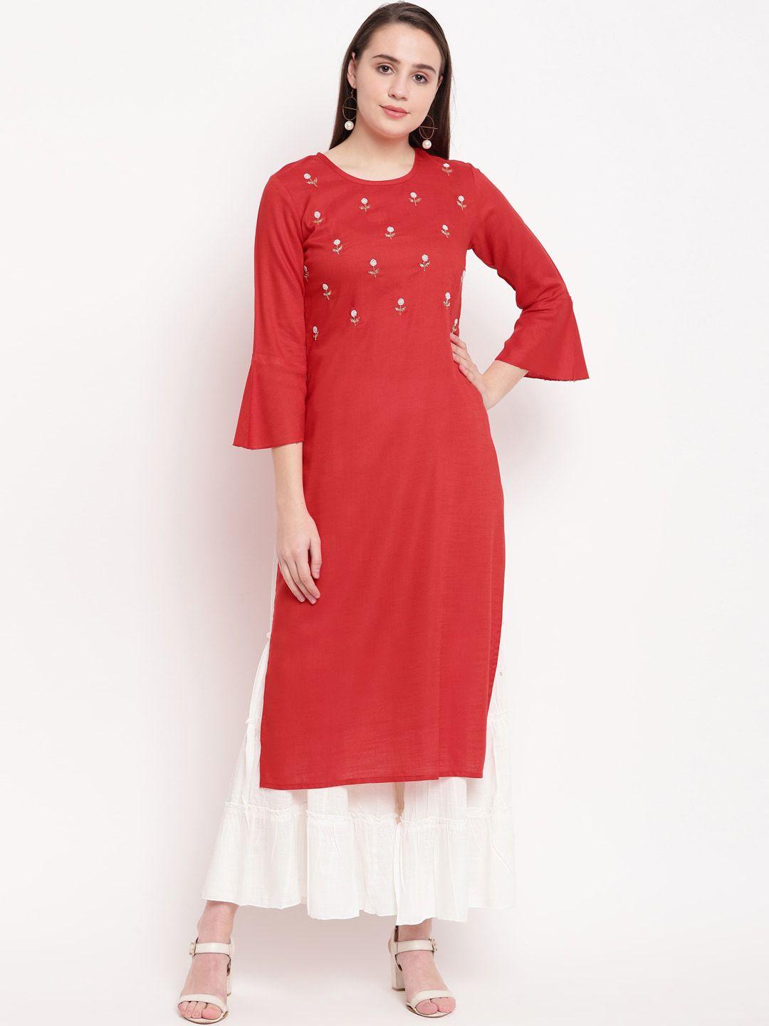 kalini women red floral embroidered panelled thread work kurti with sharara