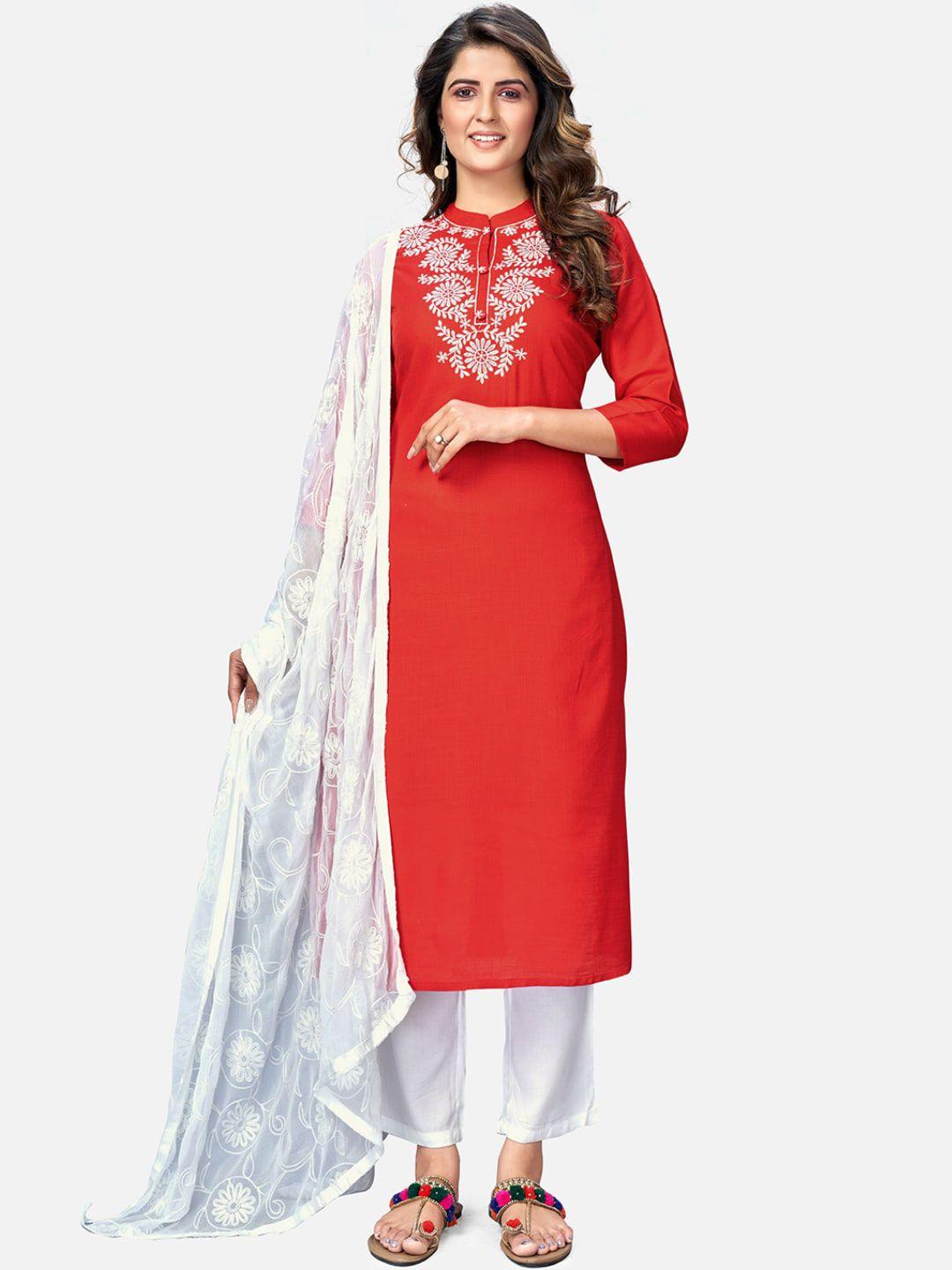 kalini women red floral embroidered thread work kurta with trousers & with dupatta