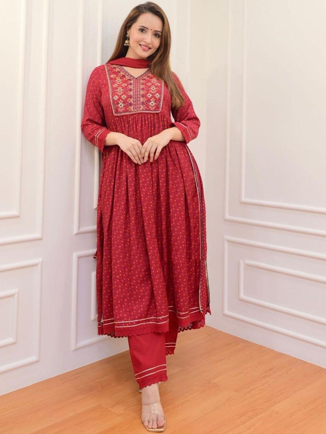 kalini women red floral embroidered tiered aari work kurta with trousers & with dupatta