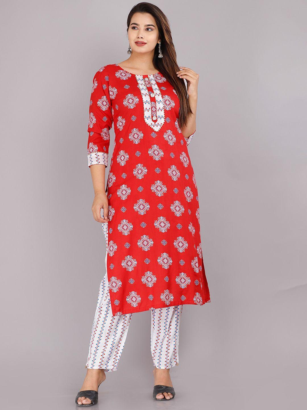 kalini women red floral printed kurta with trousers