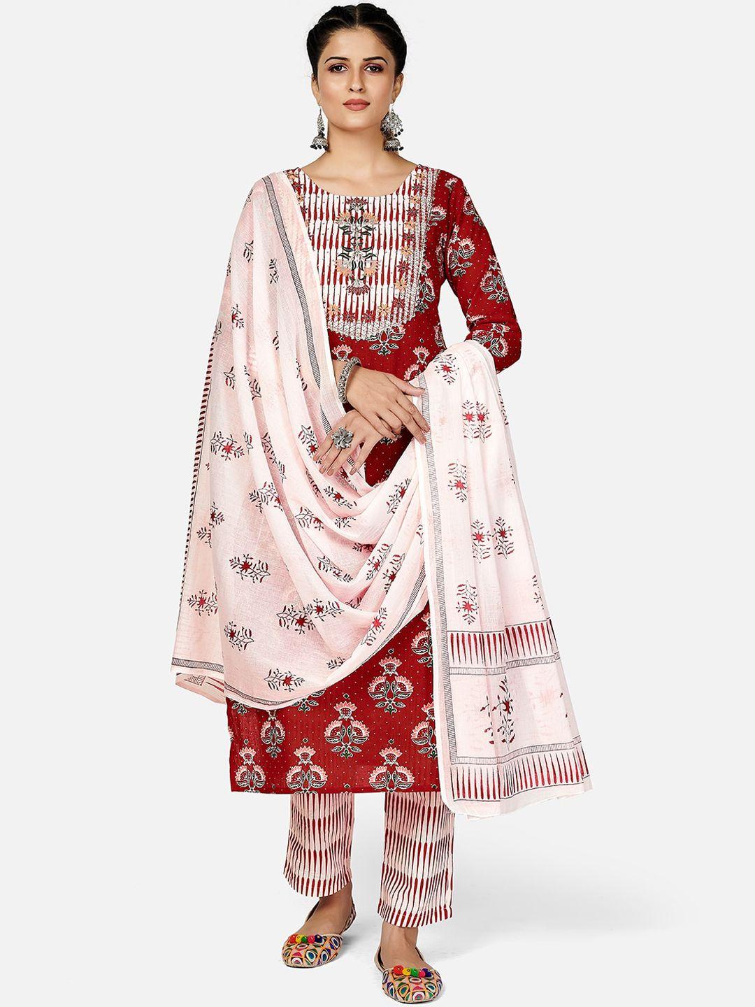 kalini women red floral printed layered thread work pure cotton kurti with trousers & with dupatta