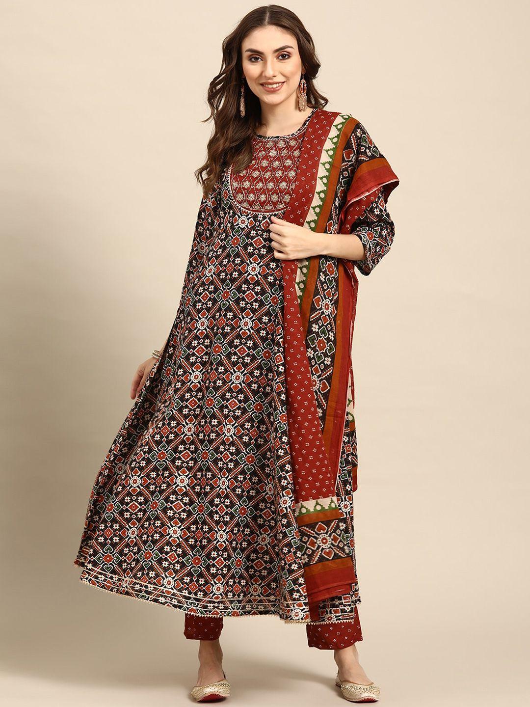 kalini women red floral printed pleated sequinned kurta with trousers & with dupatta