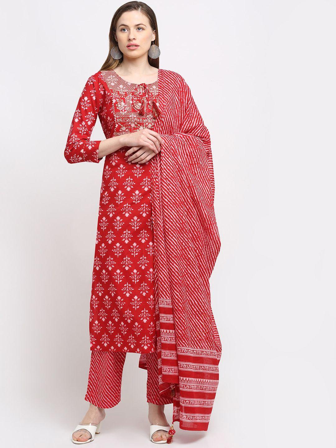 kalini women red floral printed pure cotton kurta with trousers & with dupatta