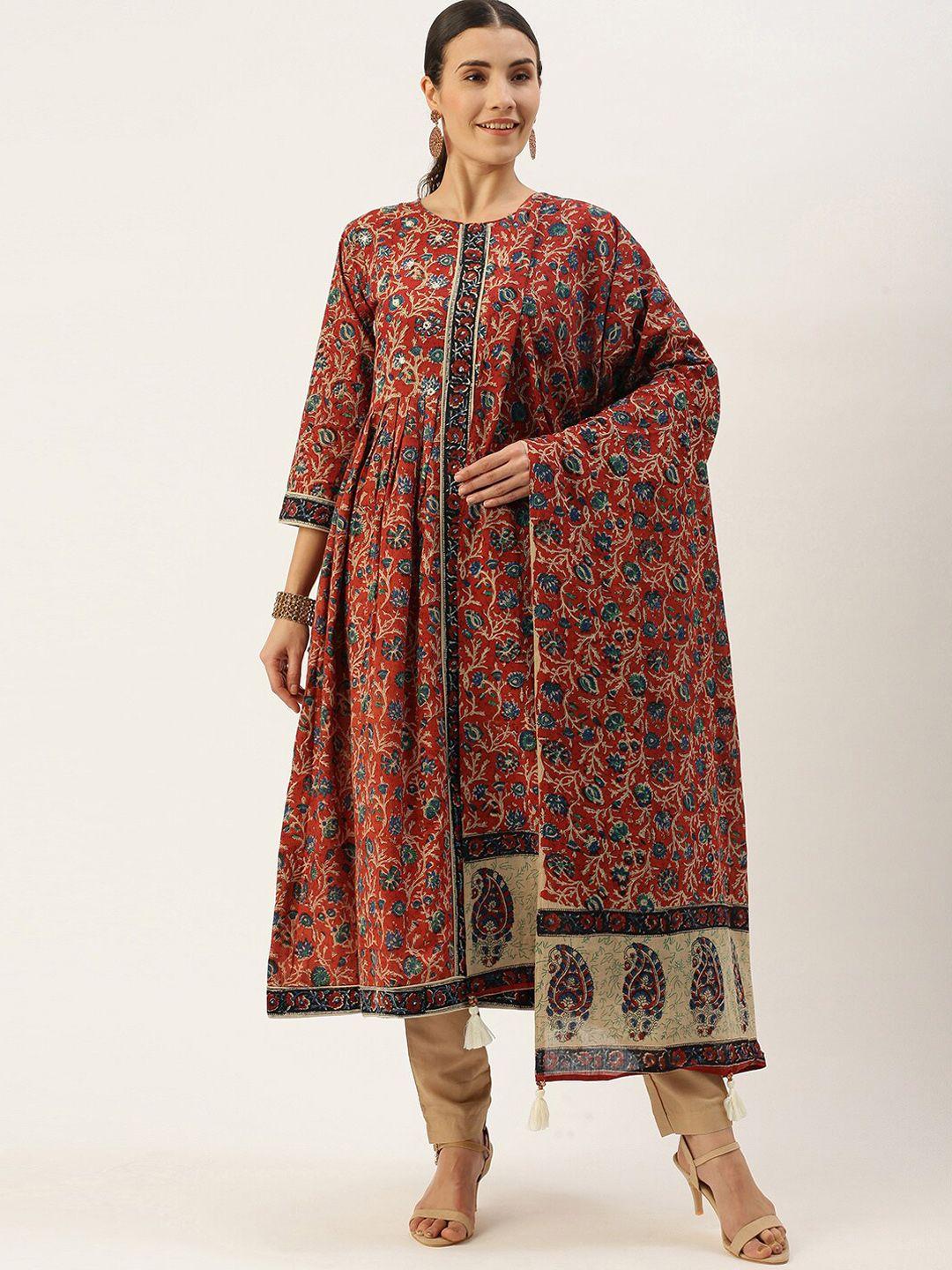 kalini women red floral printed regular mirror work pure cotton kurta with churidar & with dupatta