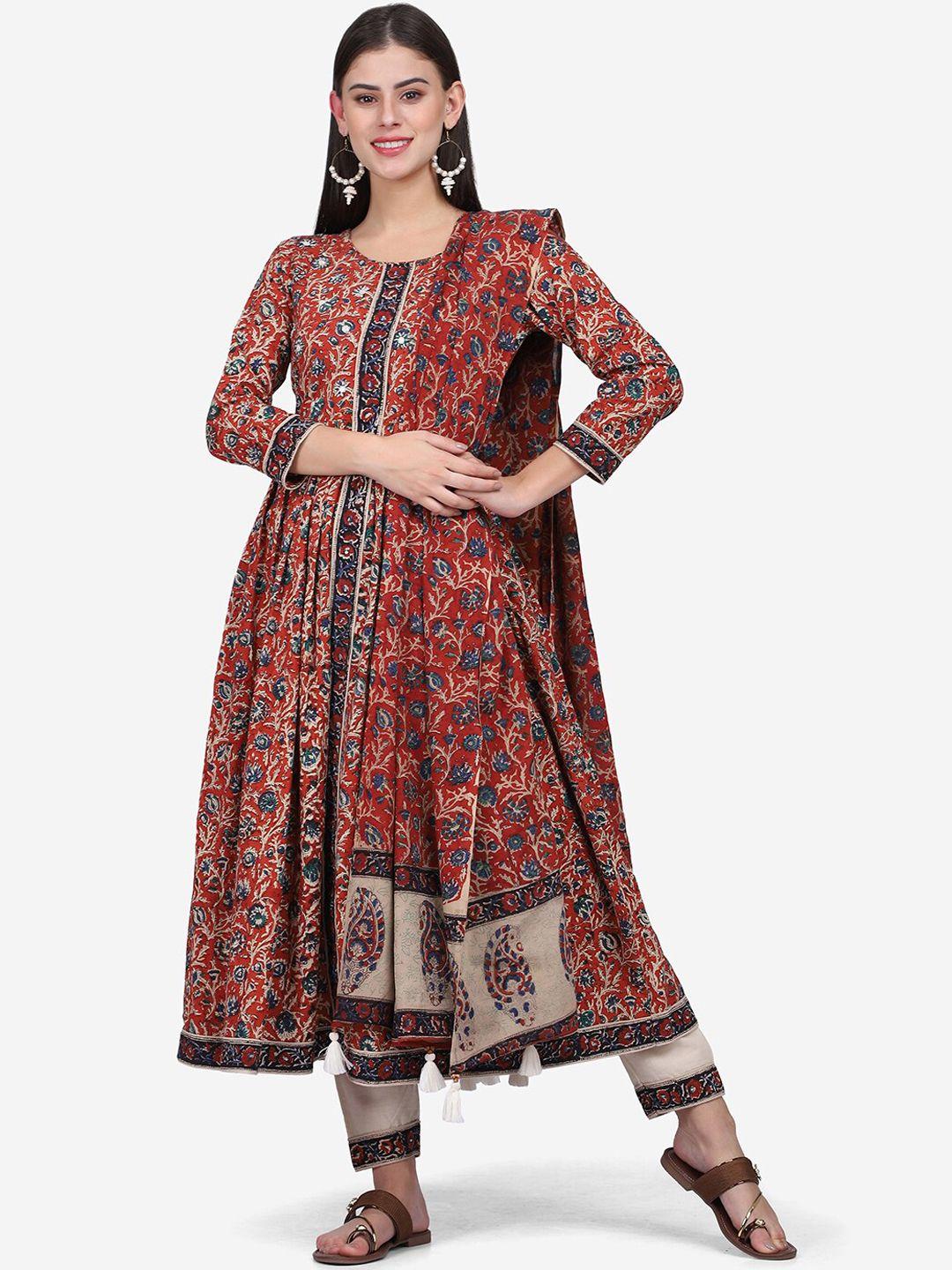 kalini women red floral printed regular mirror work pure cotton kurta with trousers & with dupatta