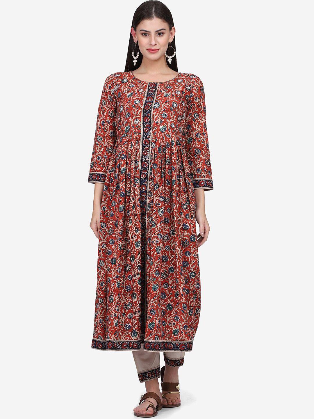 kalini women red floral printed regular mirror work pure cotton kurta with trousers & with dupatta