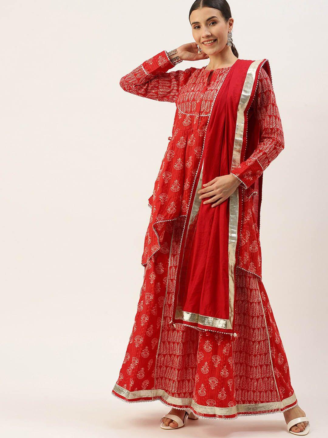 kalini women red floral printed regular pure cotton kurta with skirt & with dupatta