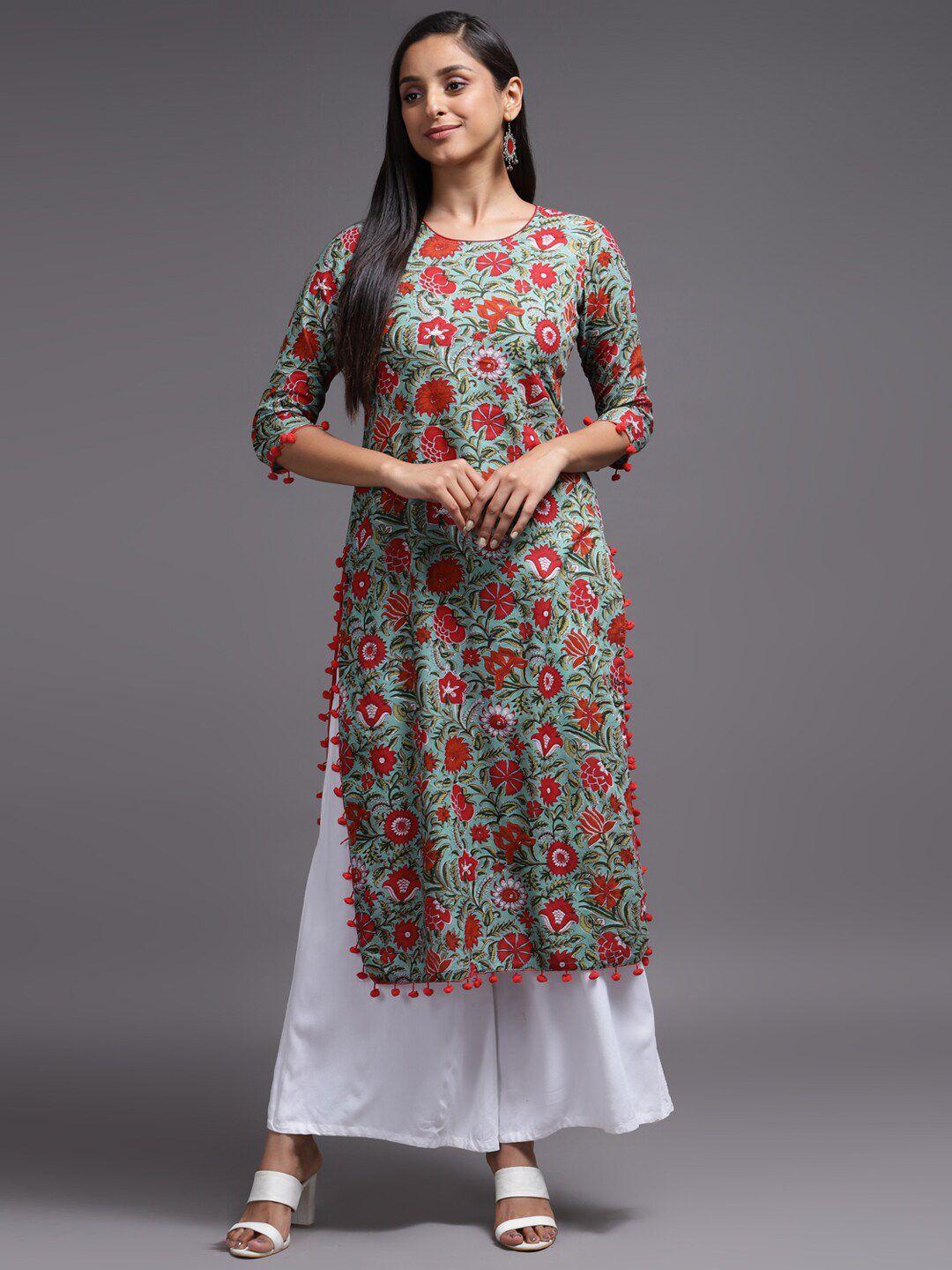 kalini women red floral printed straight fit cotton kurta