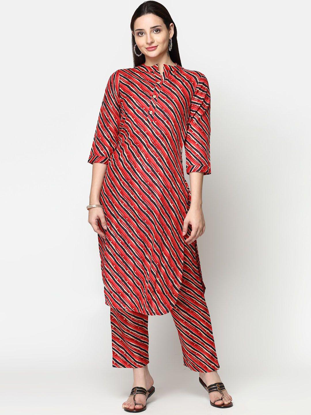 kalini women red striped regular pure cotton kurti with trousers