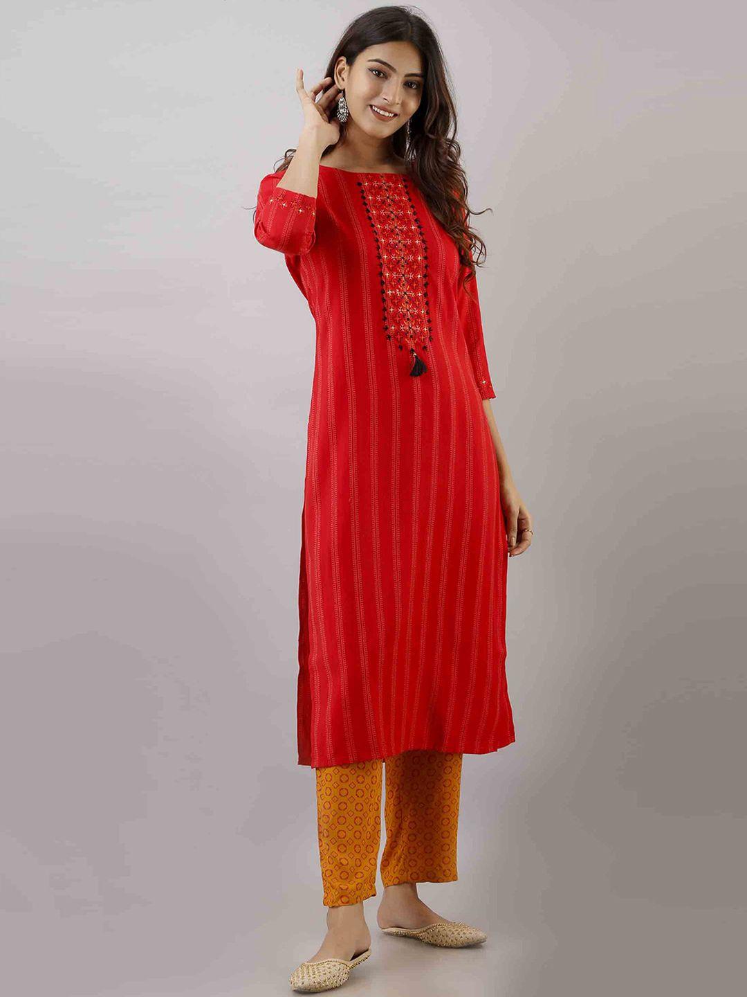 kalini women red yoke design panelled kantha work kurta with trousers