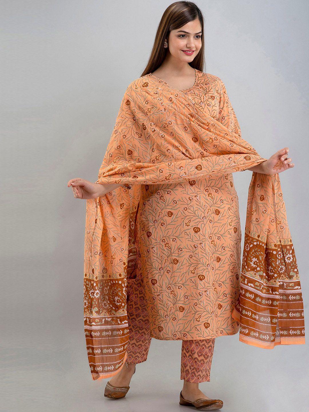 kalini women rust ethnic motifs printed layered pure cotton kurta with trousers & dupatta
