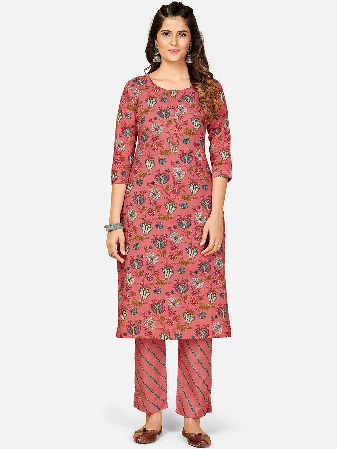 kalini women rust floral printed sequinned pure cotton straight kurta with trousers