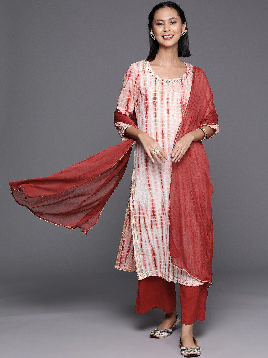 kalini women rust leheriya printed regular pure cotton kurta with palazzos & with dupatta