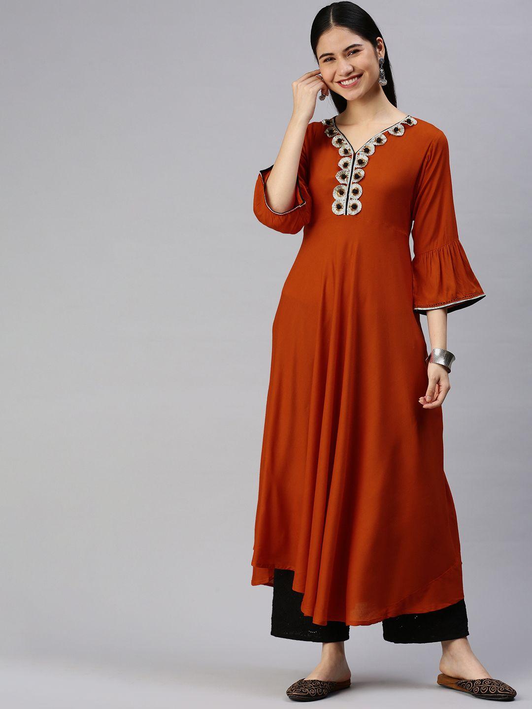 kalini women rust red embellished anarkali kurta