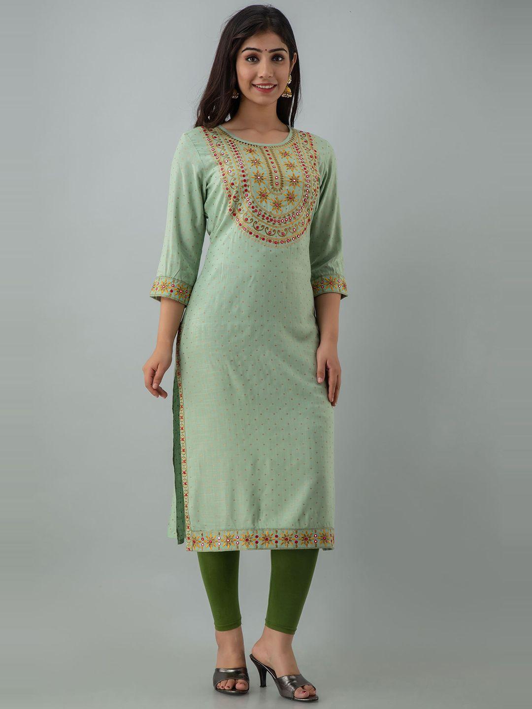 kalini women sea green & yellow ethnic motifs embroidered mirror work kurta