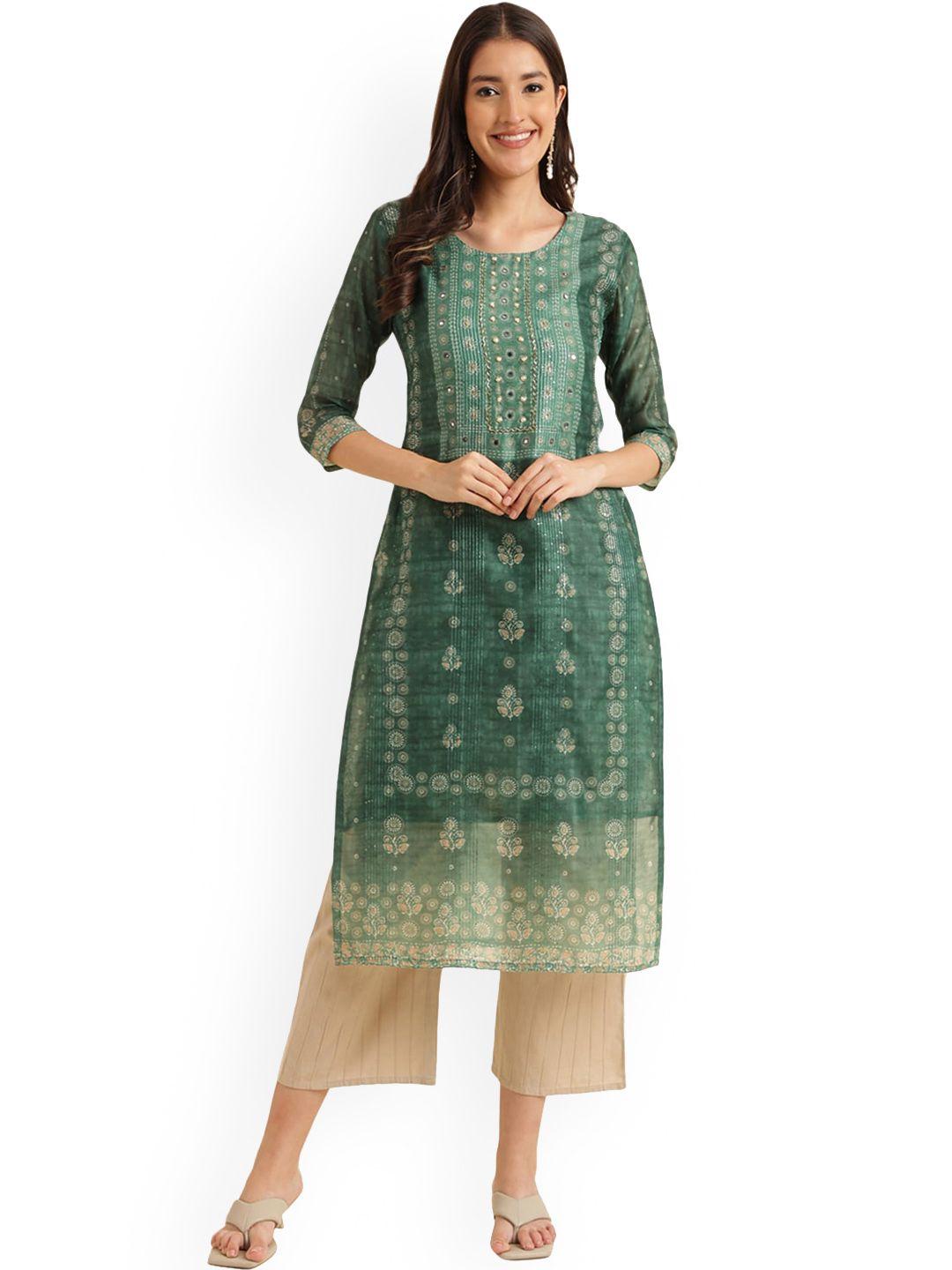 kalini women sea green ethnic motifs printed mirror work kurta