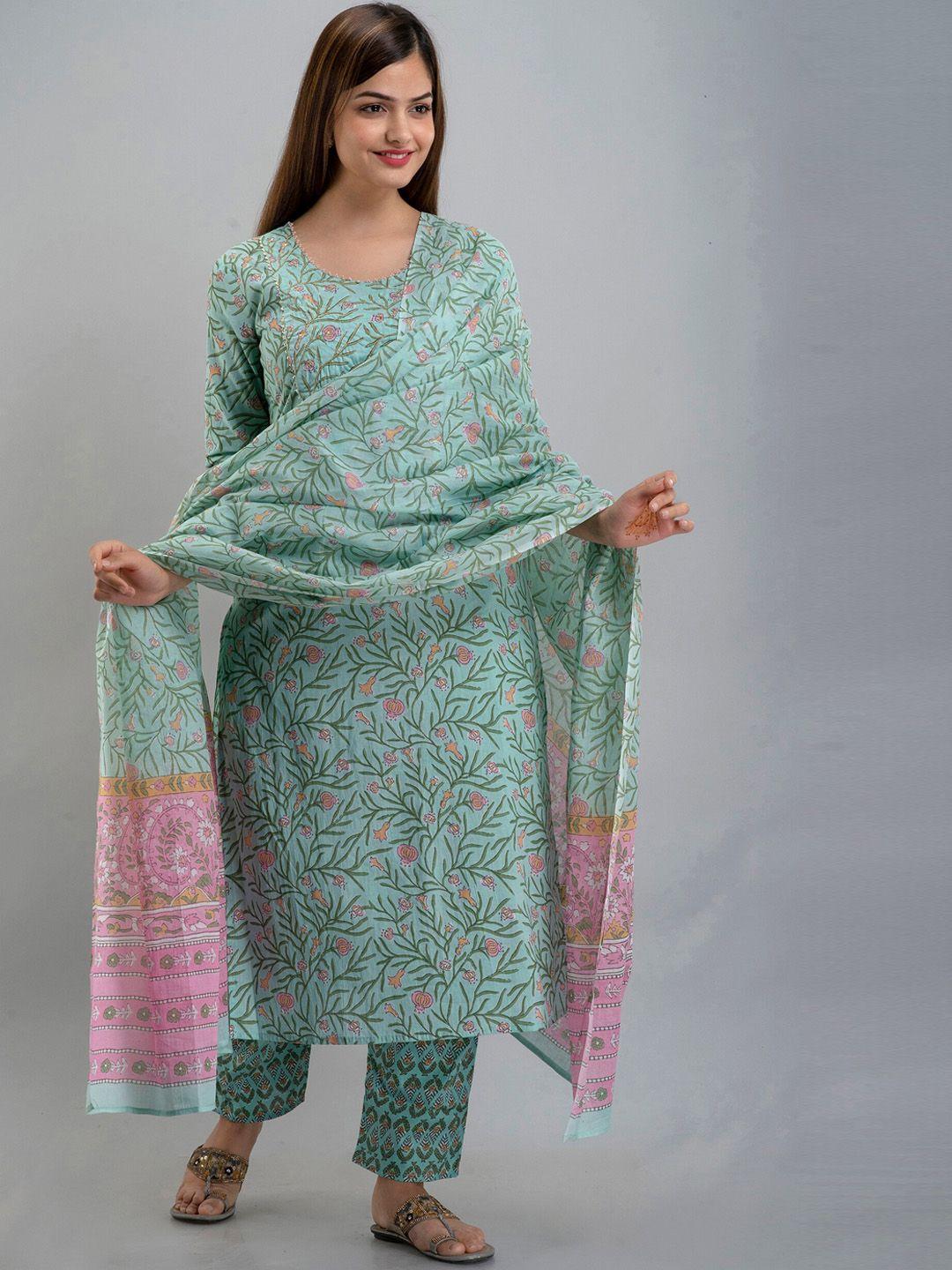 kalini women sea green floral yoke design pleated pure cotton kurta with trousers & with dupatta