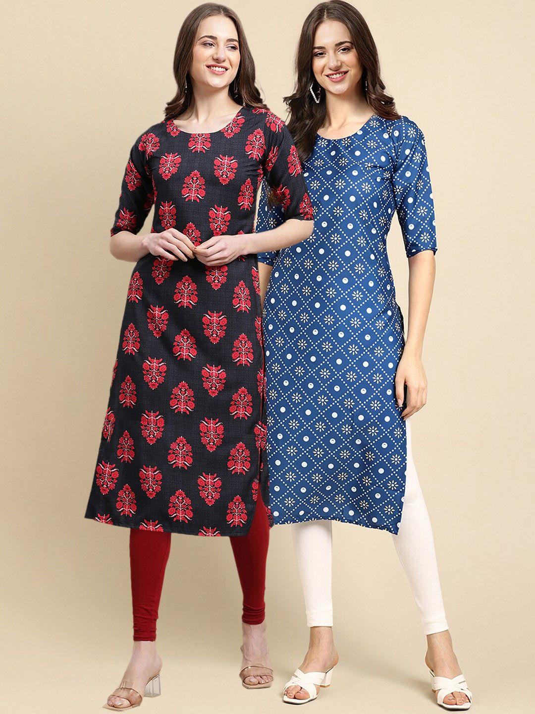 kalini women set of 2 blue & black ethnic motifs printed crepe kurta