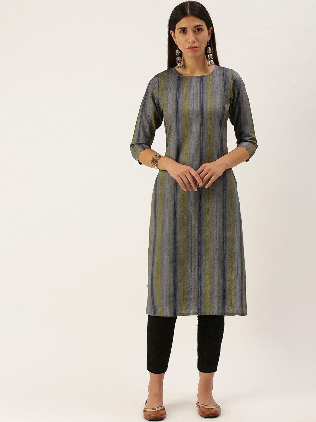 kalini women striped keyhole neck thread work kurta