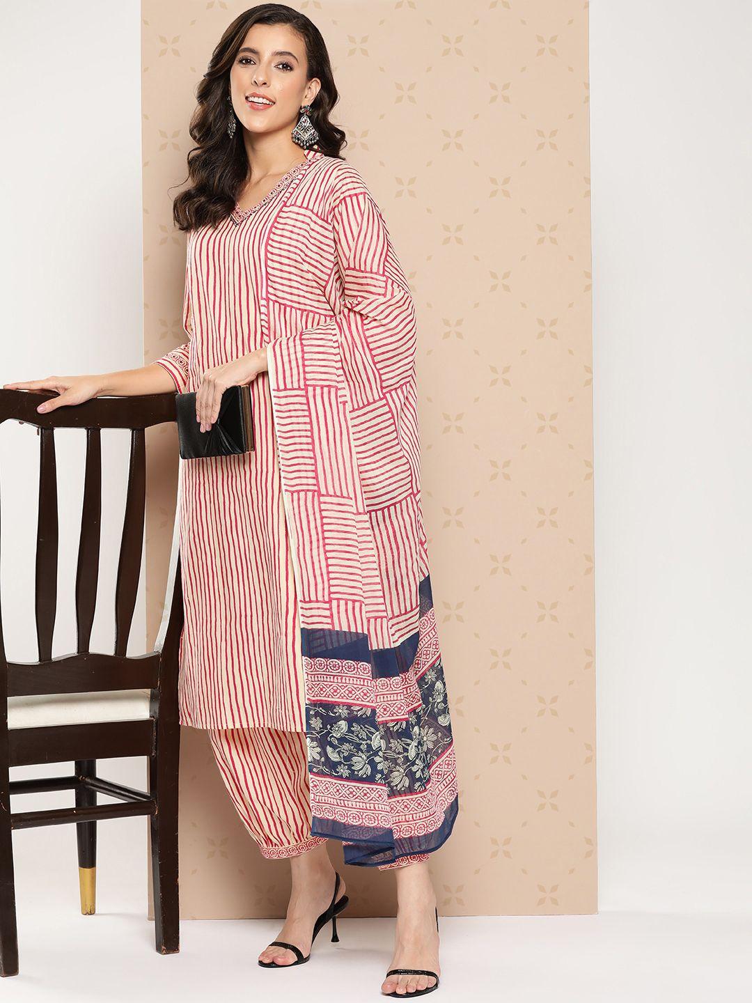 kalini women striped regular pure cotton kurta with salwar & with dupatta