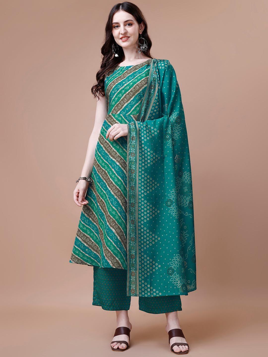 kalini women teal bandhani printed regular chanderi silk kurta with trousers & with dupatta