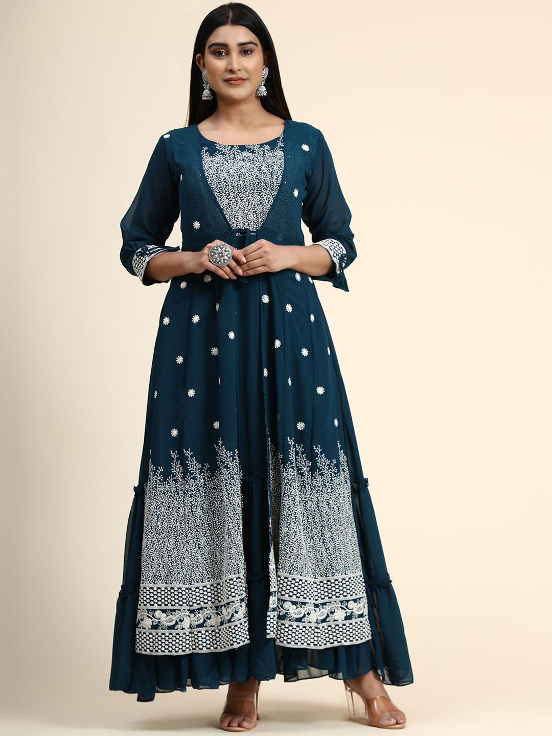 kalini women teal blue embellished layered ethnic dress