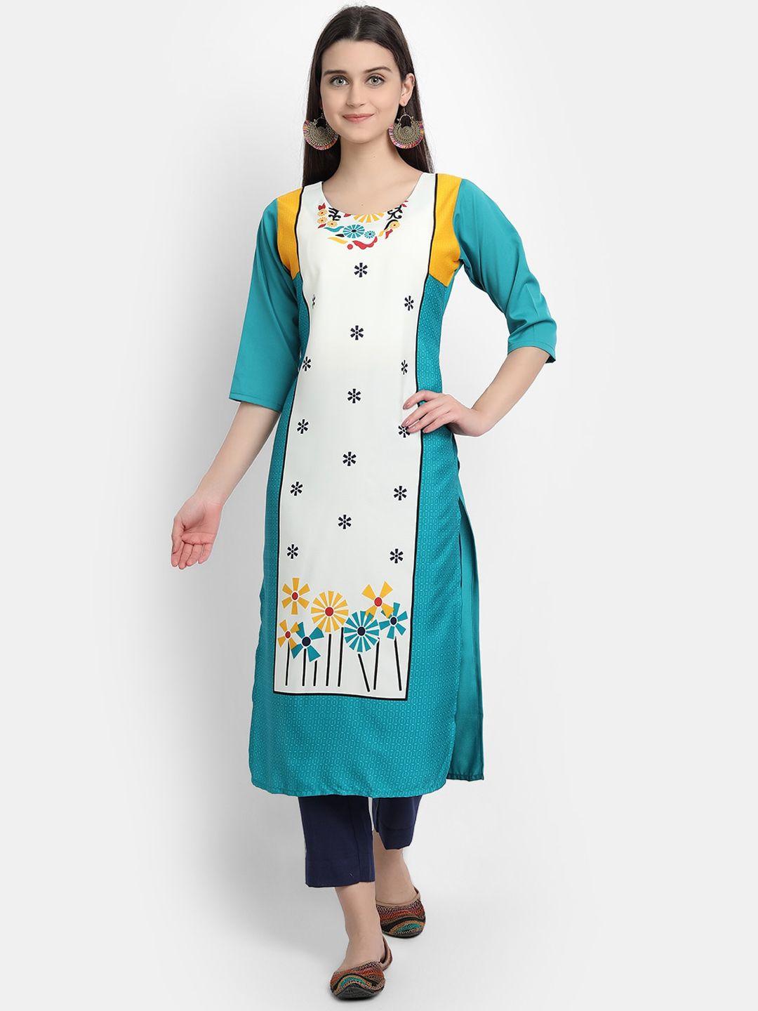 kalini women teal floral embroidered thread work crepe kurta