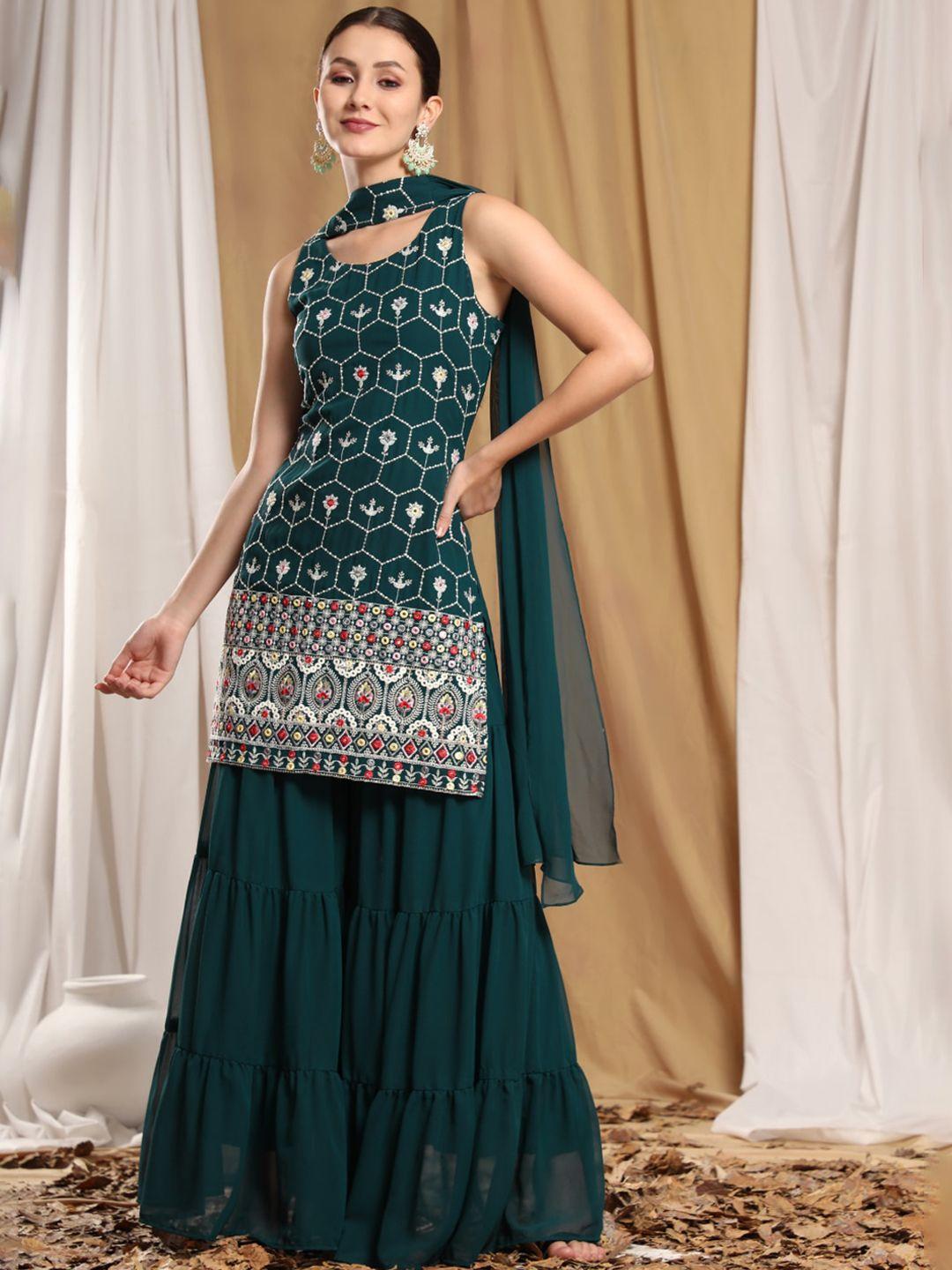 kalini women teal green floral embroidered georgette kurta with sharara & with dupatta