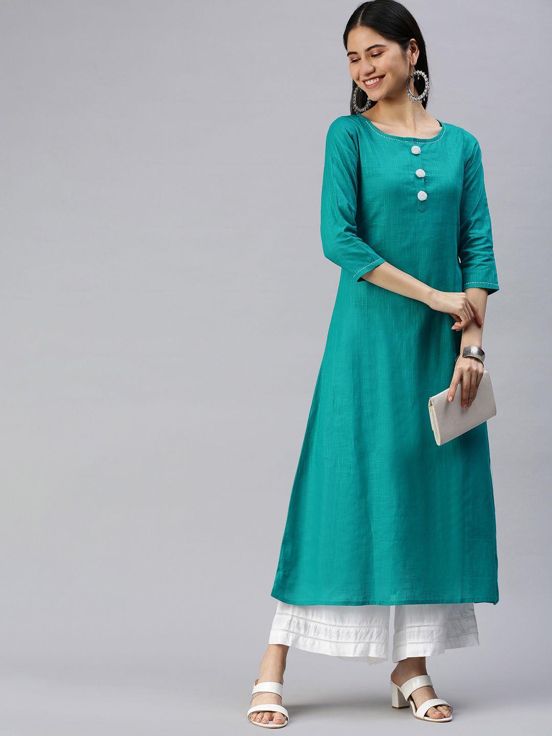 kalini women teal green pure cotton solid a-line kurta