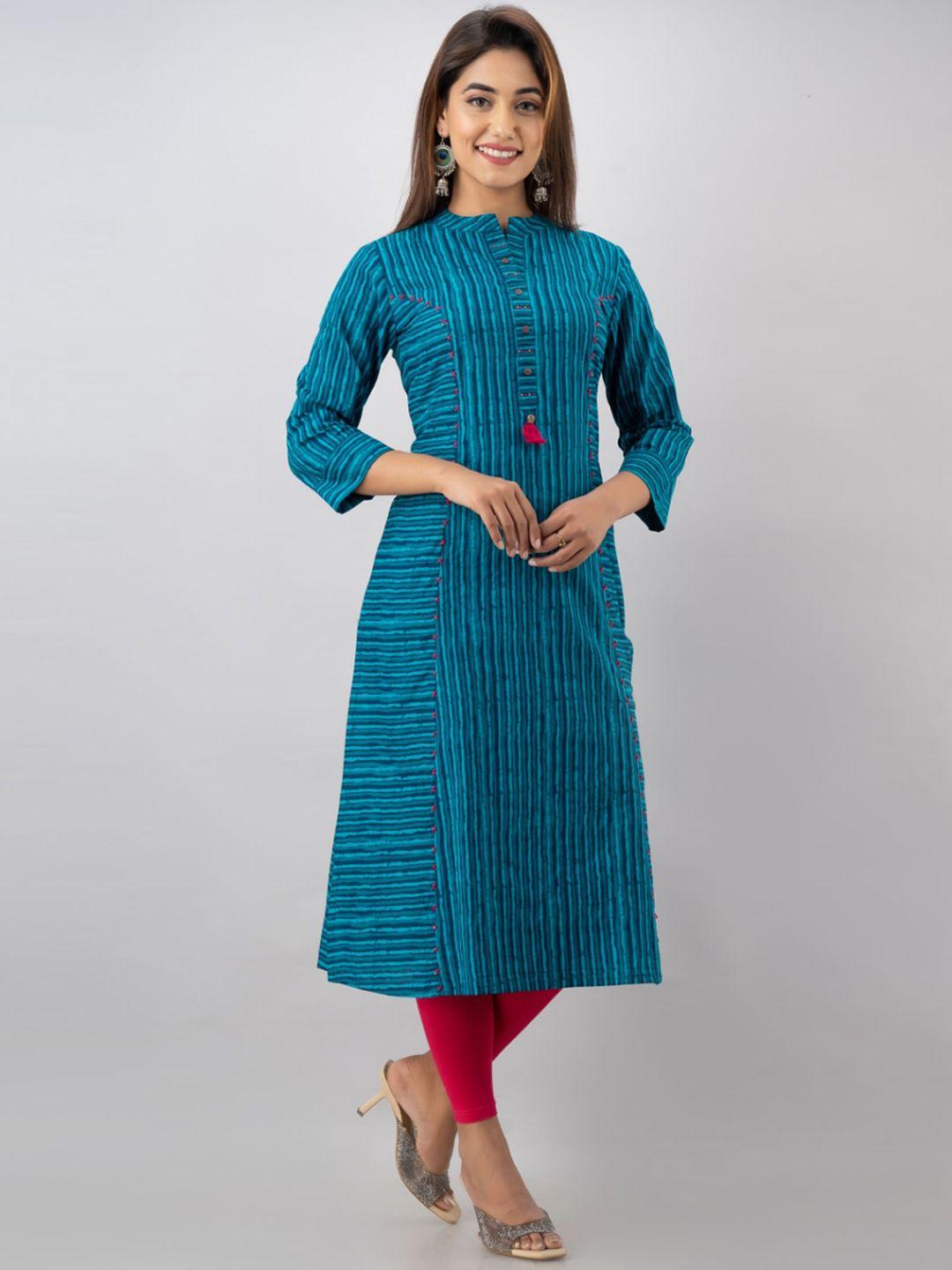 kalini women turquoise blue & pink striped cotton a-line kurta