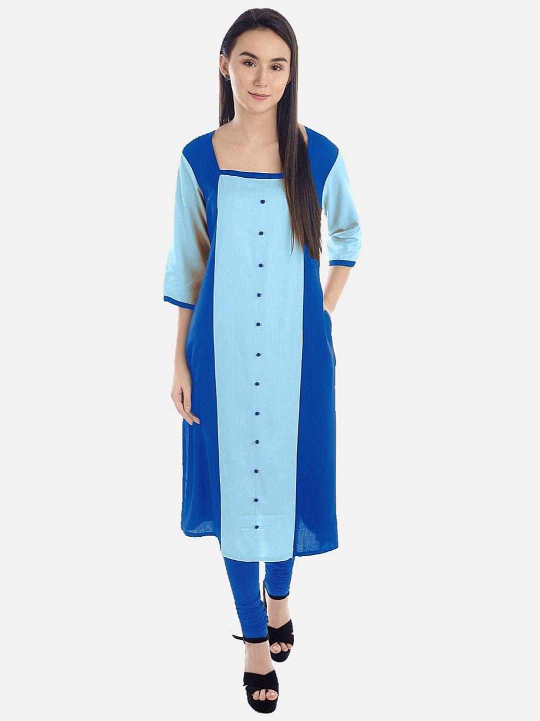 kalini women turquoise blue colourblocked thread work tiering kurta