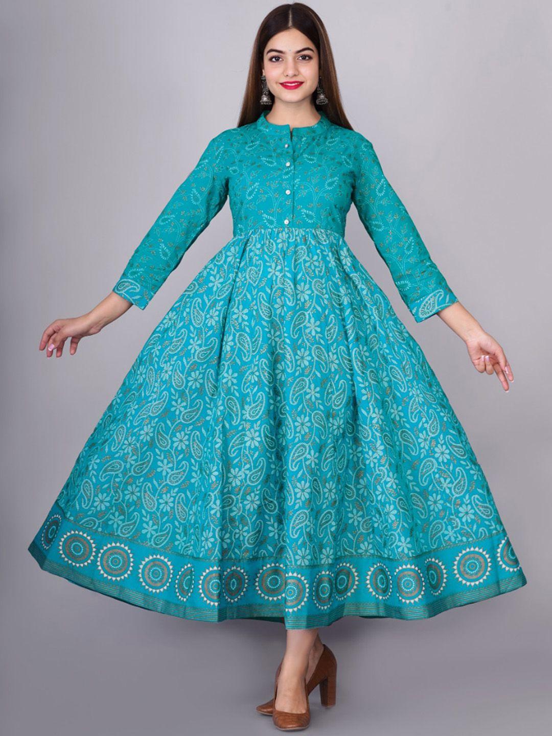 kalini women turquoise blue ethnic motifs printed floral anarkali kurta