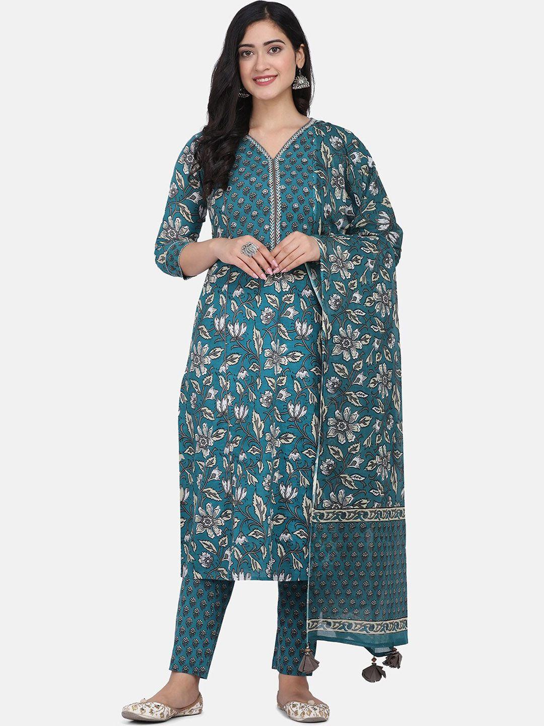 kalini women turquoise blue ethnic motifs printed regular pure cotton kurta with trousers & with dupatta