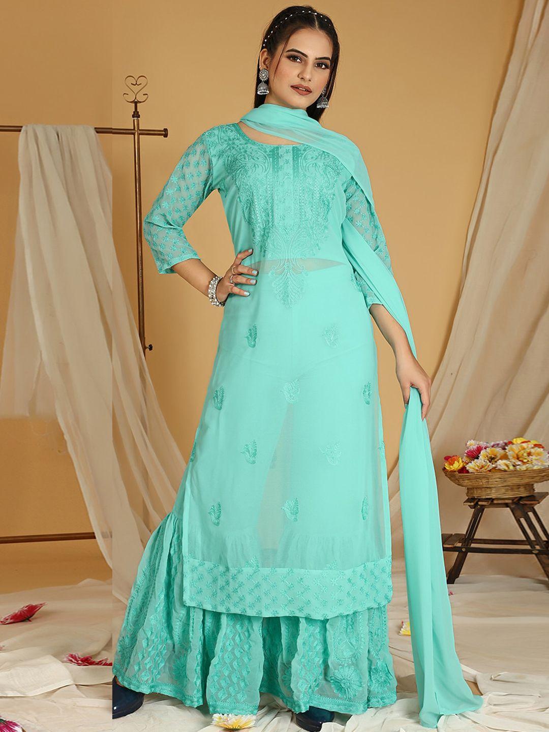 kalini women turquoise blue floral embroidered regular thread work kurta with sharara & with dupatta