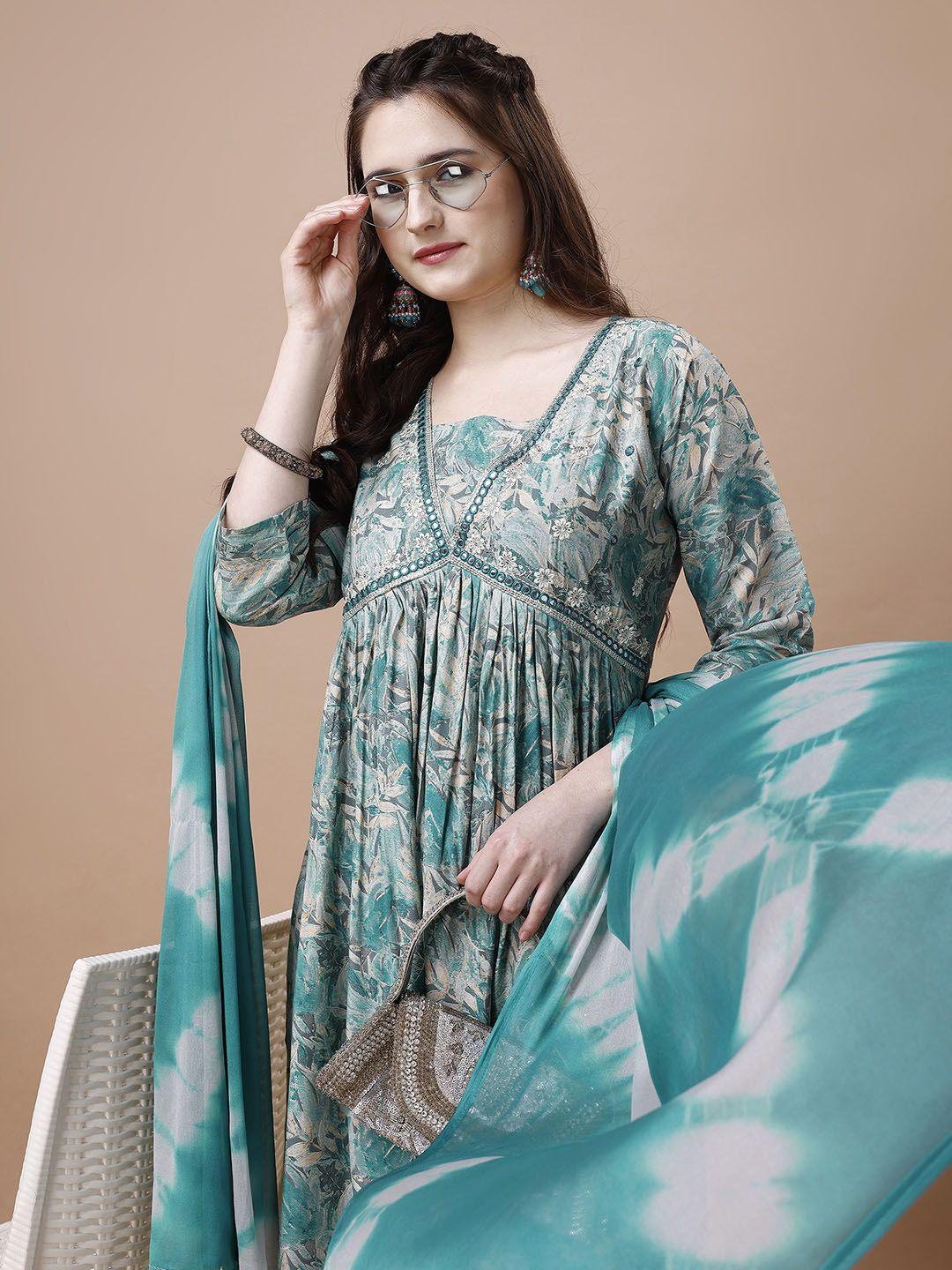 kalini women turquoise blue floral printed pleated mirror work kurta with trousers & with dupatta