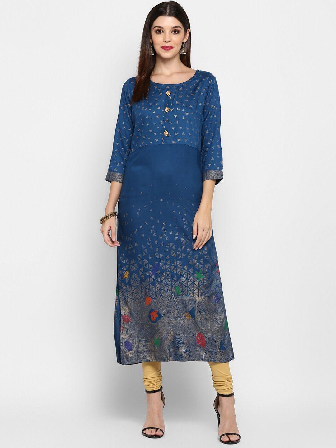 kalini women turquoise blue foil printed rayon straight kurta