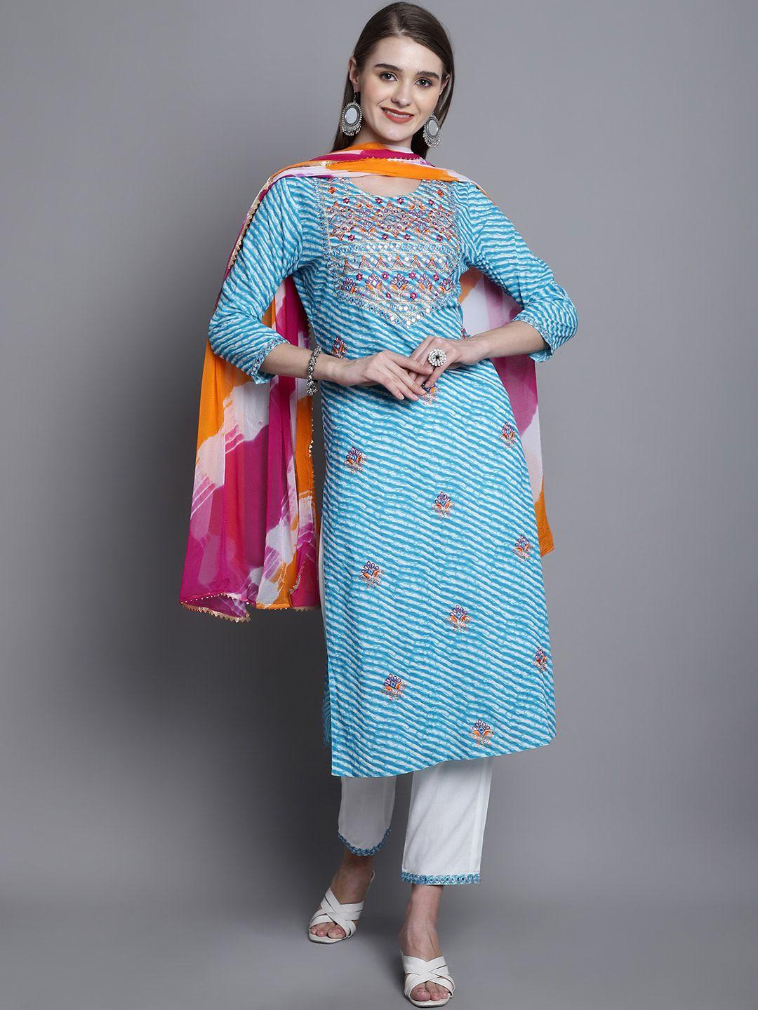 kalini women turquoise blue leheriya embroidered regular sequinned pure cotton kurta with trousers & with