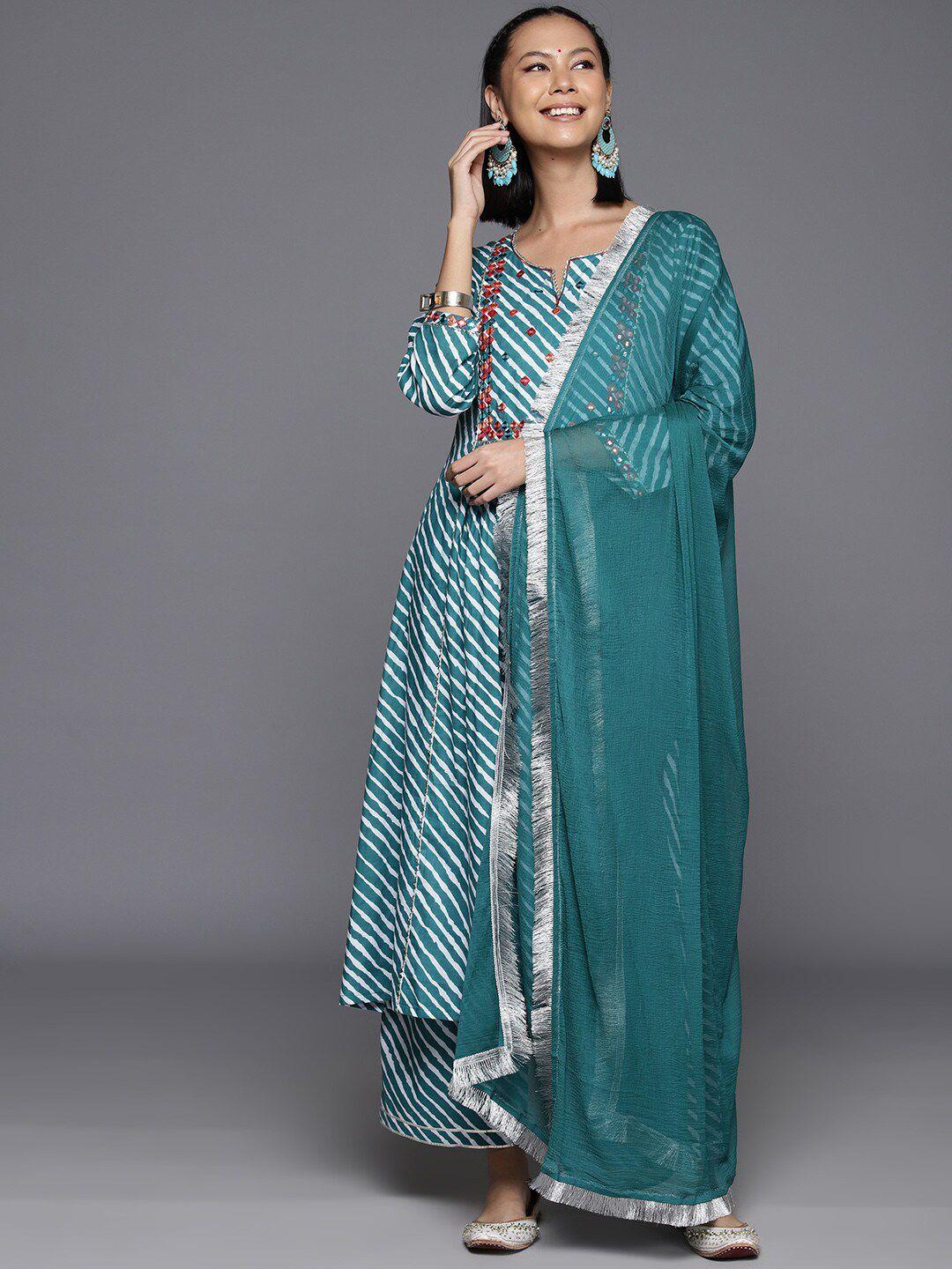 kalini women turquoise blue leheriya printed empire mirror work pure cotton kurta with trousers & with