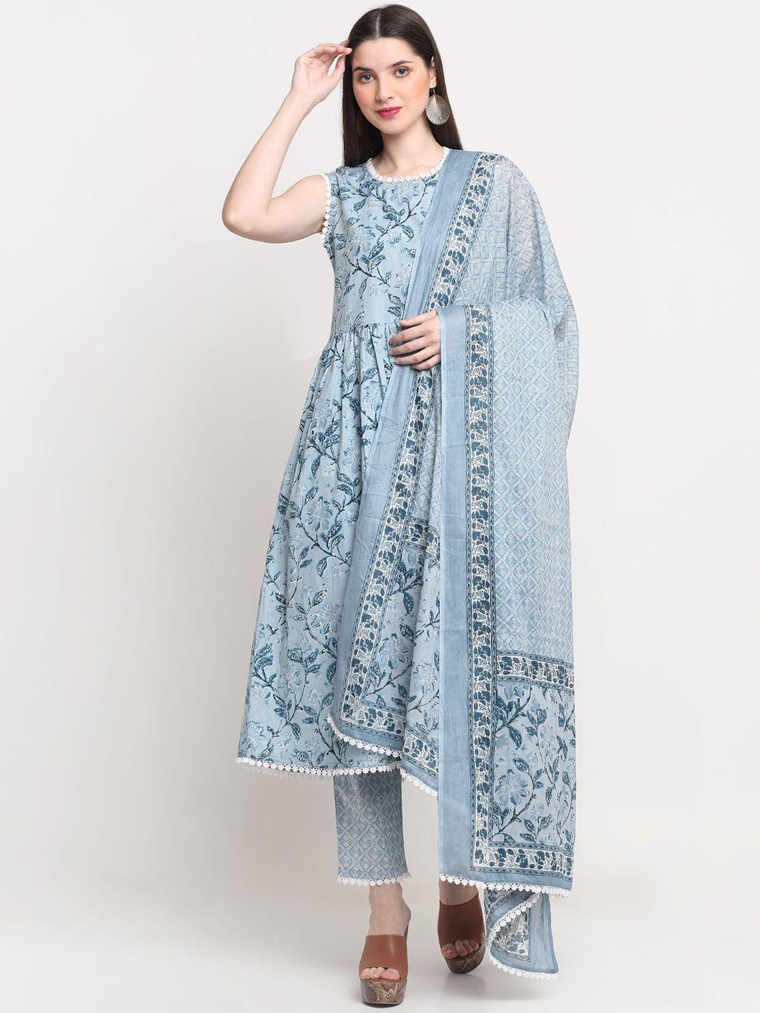 kalini women turquoise blue printed empire thread work pure cotton kurti with trousers & with dupatta