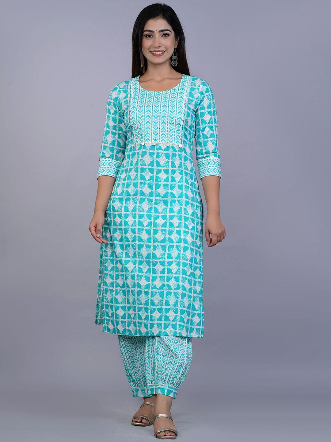 kalini women turquoise blue printed pure cotton kurta with salwar & with dupatta