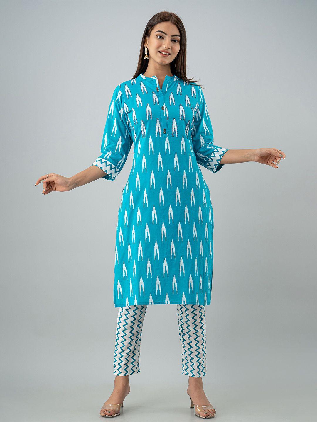 kalini women turquoise blue printed pure cotton kurta with trousers