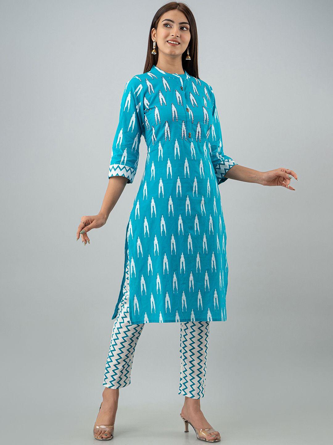 kalini women turquoise blue printed pure cotton kurta with trousers