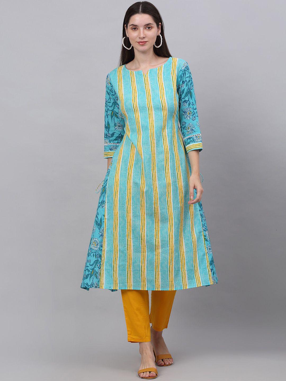 kalini women turquoise blue striped pure cotton kurta with trousers & with dupatta
