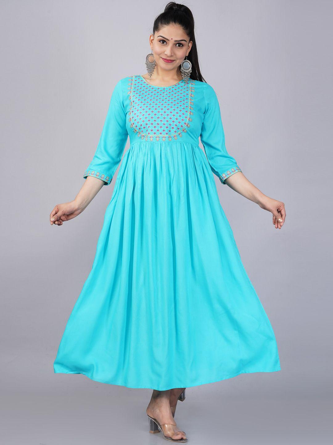 kalini women turquoise blue yoke design thread work a-line kurta