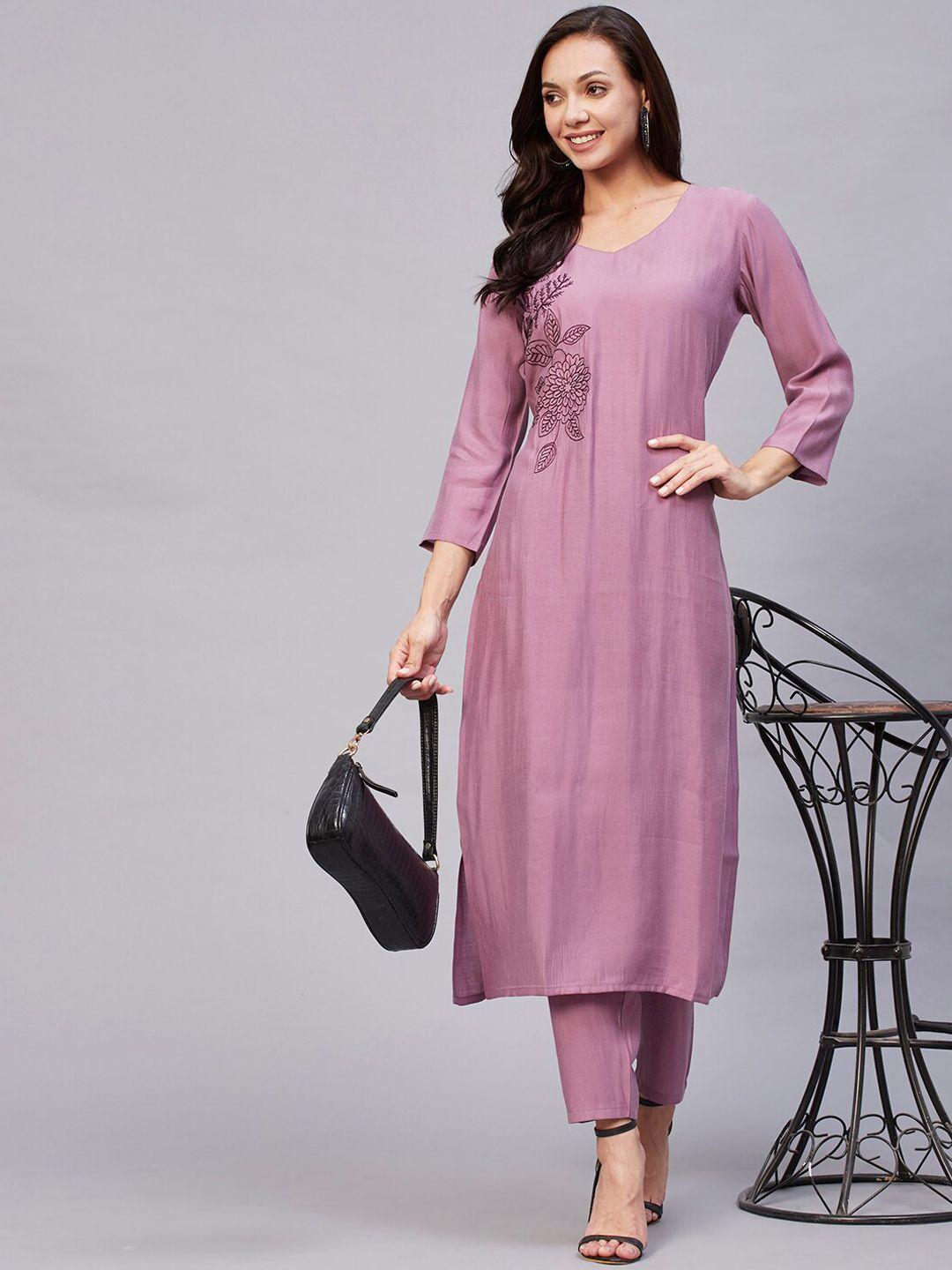 kalini women violet floral embroidered regular thread work kurta with trousers